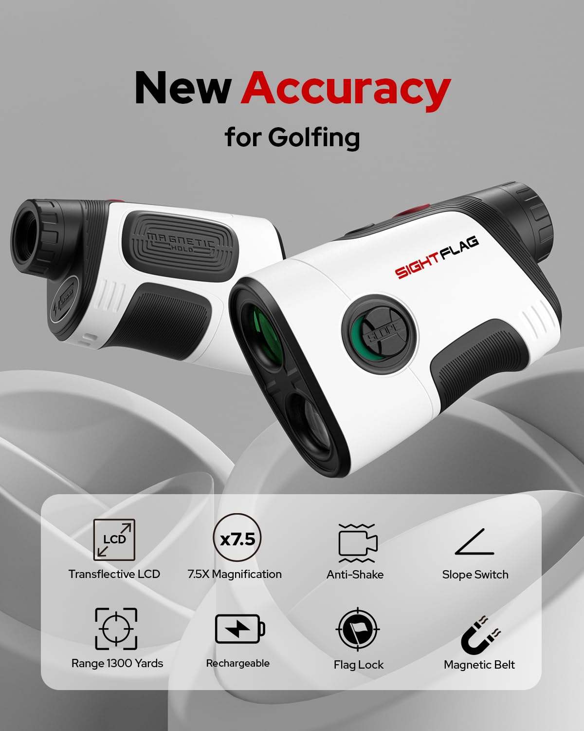 SIGHTFLAG GF2 Golf Rangefinder with Slope, 1300 Yards Laser Range Finder, 7.5X Magnification, Flag Pole Locking Vibration 0.3 Yard Accuracy Rechargeable Magnetic Golf Accessories Gift for Men Women