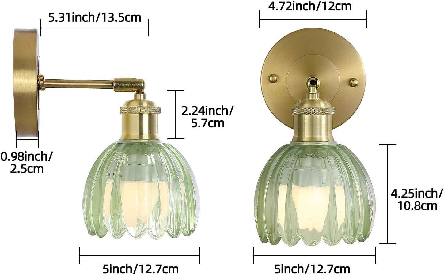 Rechargeable Vintage Wireless Wall Sconces - Gold LED Tulip Glass Lamps with Remote Dimming for Bedroom & Living Room