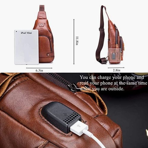 KPYWZER Genuine Leather Sling Backpack with USB Charging Port Chest Bag Outdoor Hiking Travel Daypack Brown