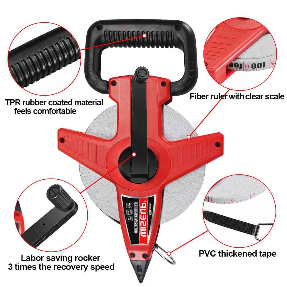 WISEUP 300 Ft Tape Measure Standard and Metric Industrial Long Measuring Tape Fiberglass Engineer's Open Reel Dual Sided Measuring Wheel (300 FT)