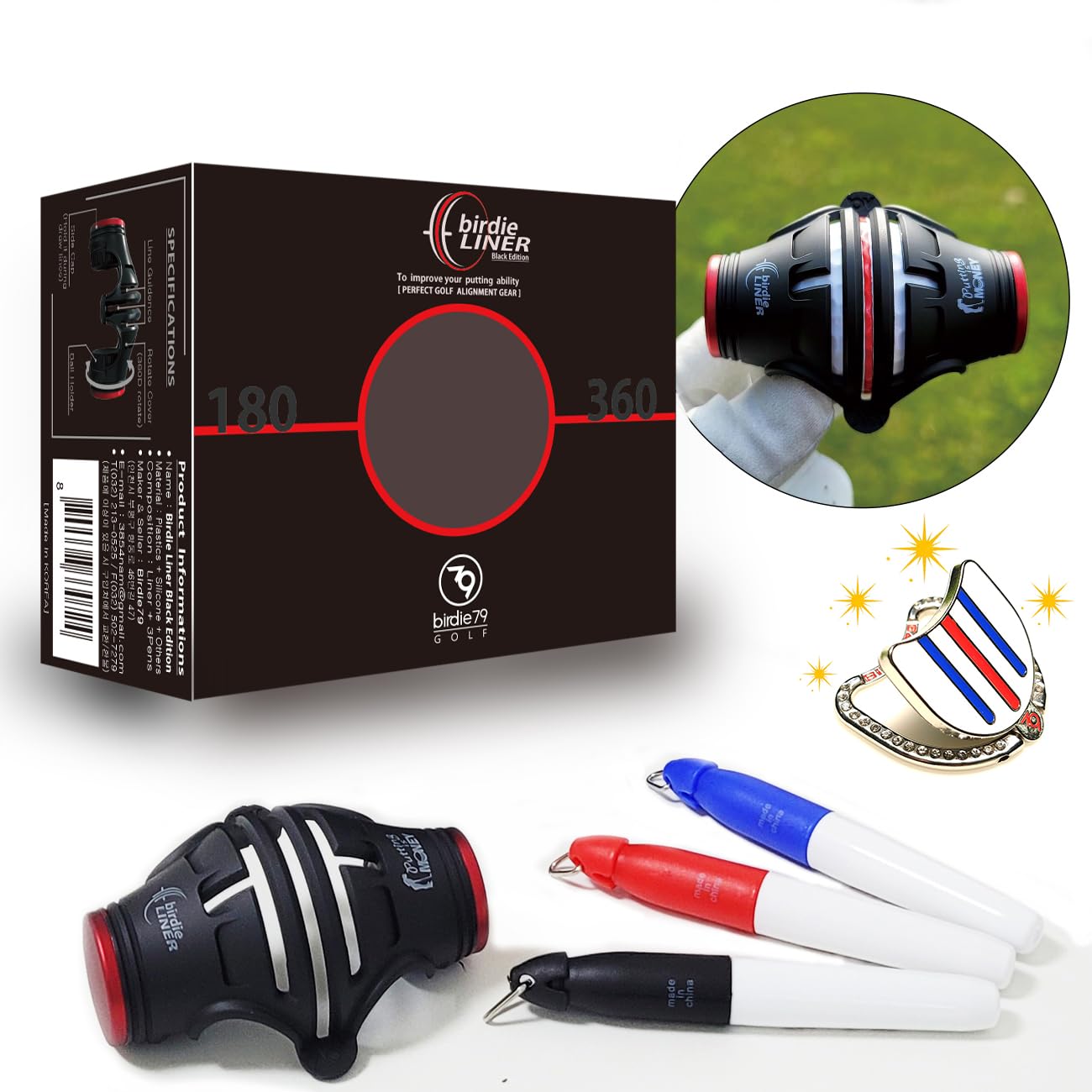 BIRDIE79, Golf Ball Line Marker Tool Kit Set. 360 Degree 3-Line Plus Vertical Line Putting Alignment & Triple Track Standing Ball Marker with Adjustable Tilt Angle, Confidence Liner Accessories.