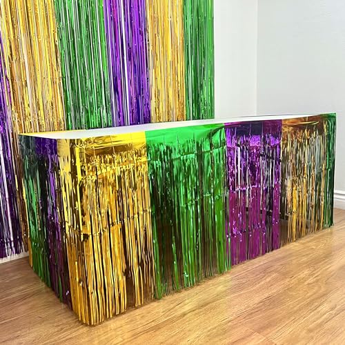 Mardi Gras Metallic Fringe Table Skirts - 2 Pack, 96 Inch