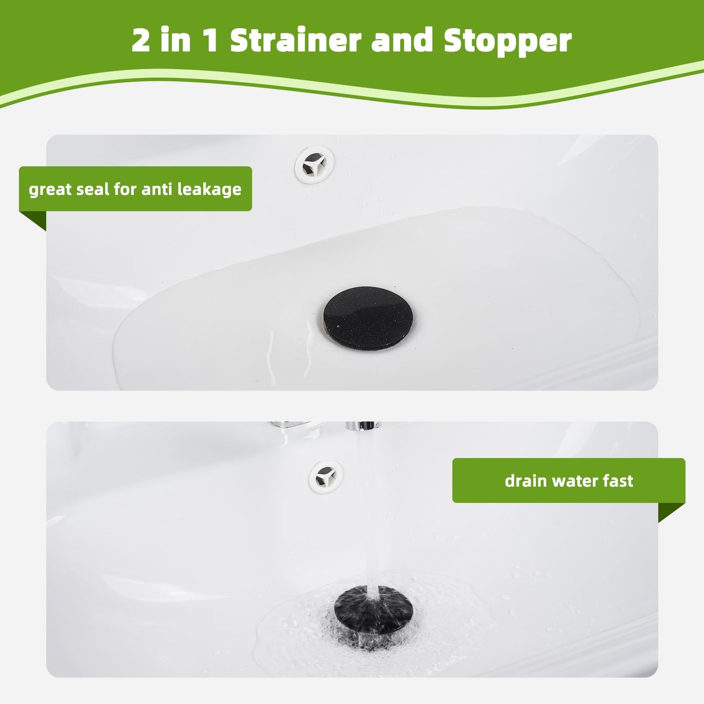 Universal Bathroom Sink Stopper 2 in 1 Pop Up Metal Sink Drain Strainer with Hair Catcher, Fit for 1.1~2.36" Sink Basin Hole, Not for Bathtub, Big Cover Cap, Anti-clog, Matte Black