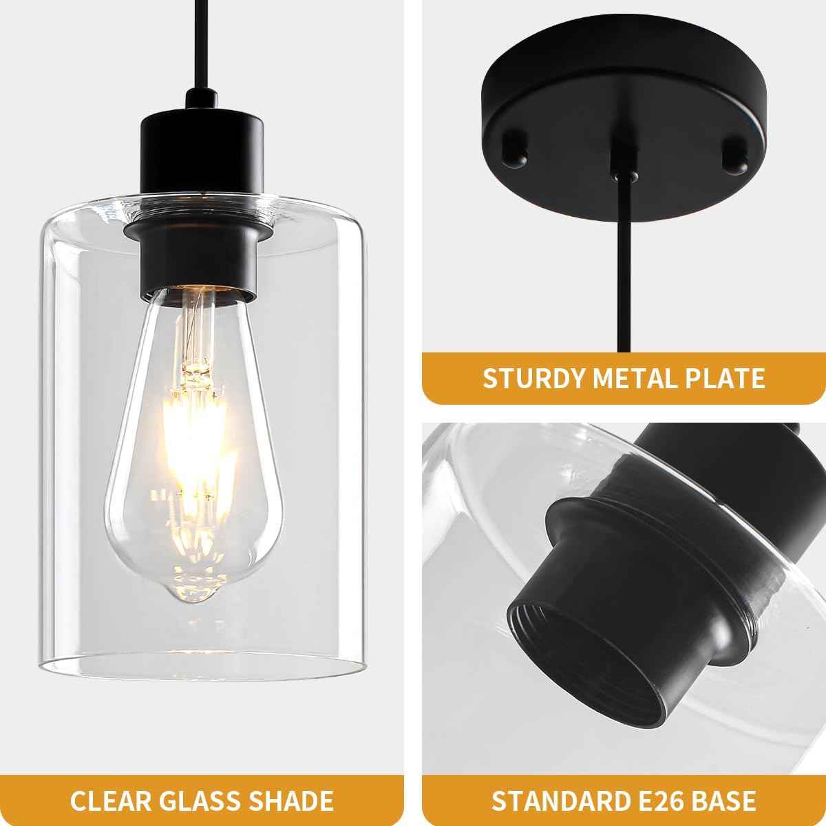 Modern Black Pendant Lights for Kitchen Island - 3 Pack Glass Hanging Fixtures