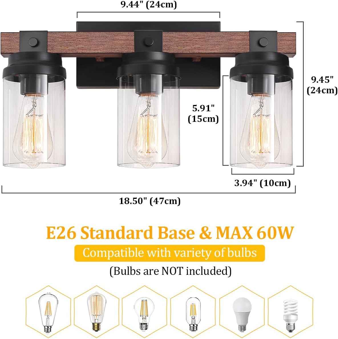 Farmhouse 2-Light Vanity Lights for Bathroom - Rustic Black Wood & Glass Sconces