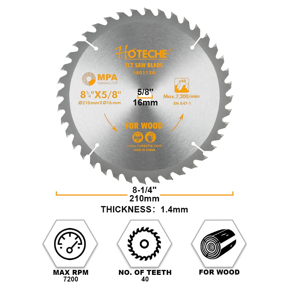 Hoteche 8-1/4-Inch Circular Saw Blade for Wood 40-Tooth Tungsten Carbide-Tipped Blade High-Performance Professioal Saw Blade for Miter Saw and Table Saws, Hole Size 5/8-inch