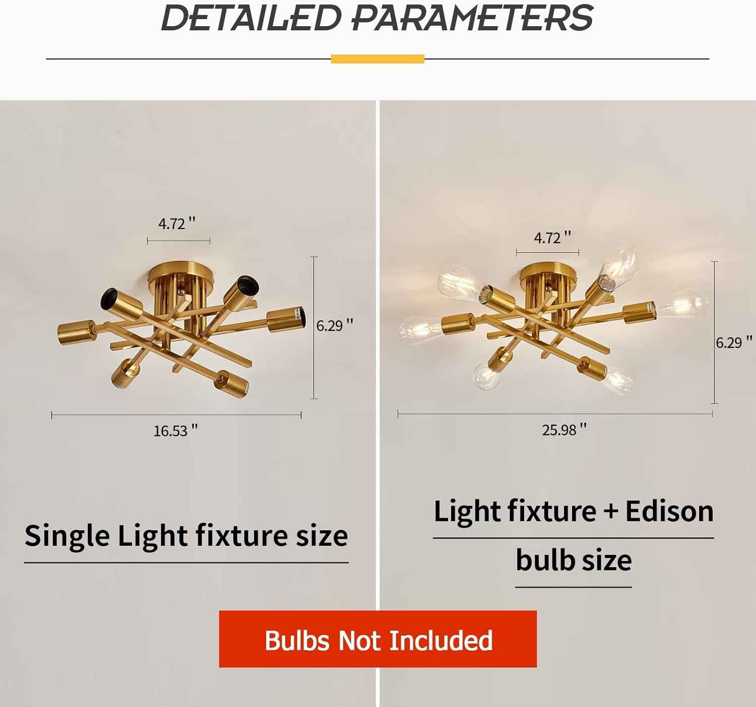 Gold Modern 6-Light Semi Flush Mount Ceiling Light Fixture - Vintage Sputnik Chandelier for Kitchen, Dining & Living Room