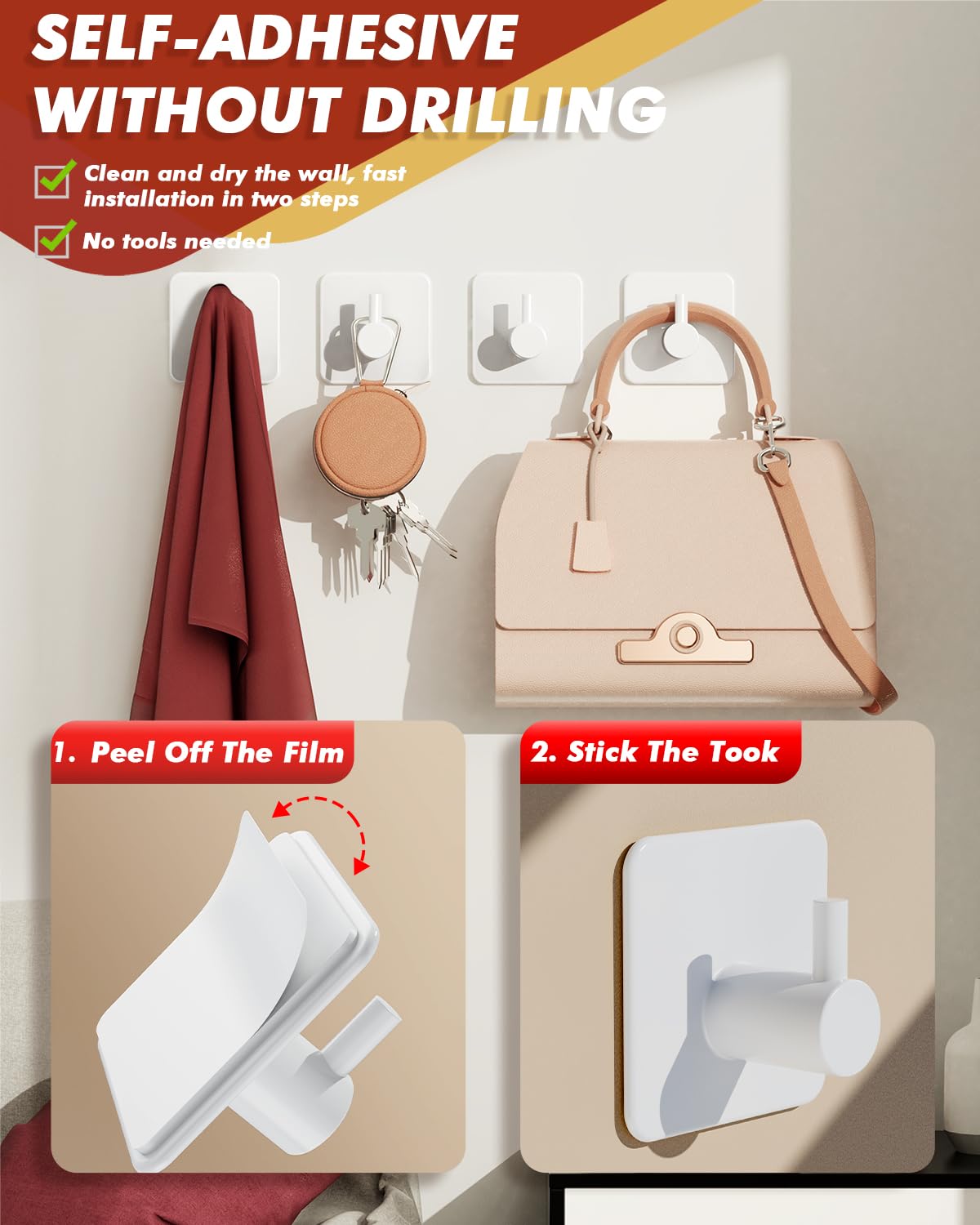 Adhesive Hooks Heavy Duty 30lb(Max) Wall Hooks, 5 Pack Self Adhesive Damage Free Towel Rack, Stainless Steel for Coat Robe, Waterproof Oilproof Rustproof for Bathroom Shower Kitchen Office