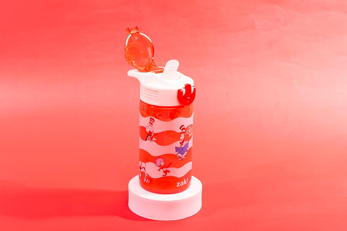 Zak Designs Dr. Seuss Kids Water Bottle - 16oz Durable Plastic, Leak-Proof With Straw & Handle | The Cat in the Hat