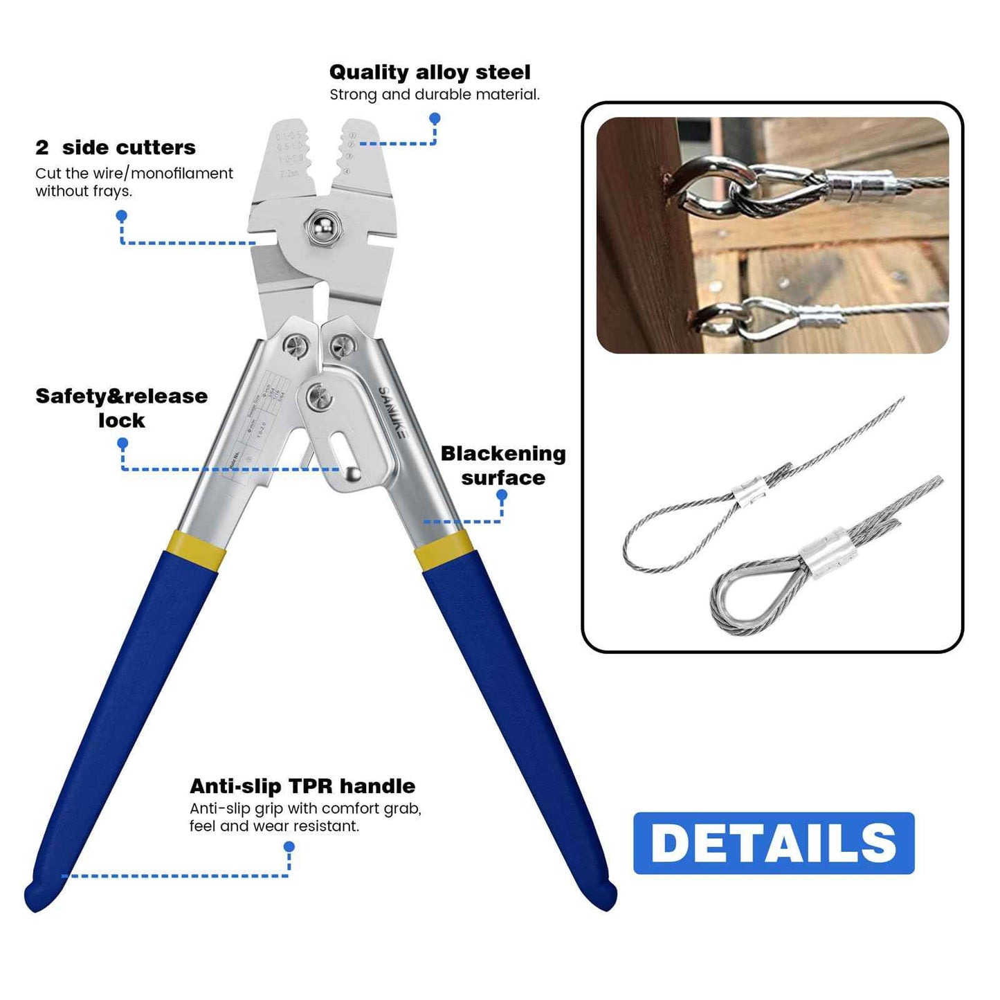 Sanuke Wire Rope Crimping Swaging Tool Cable Crimps up to 2.2mm(2/32inch) with 160pcs 4sizes Aluminum Double Barrel Ferrule Loop Sleeve and 10pcs Stainless Steel Thimble Assortment Kit