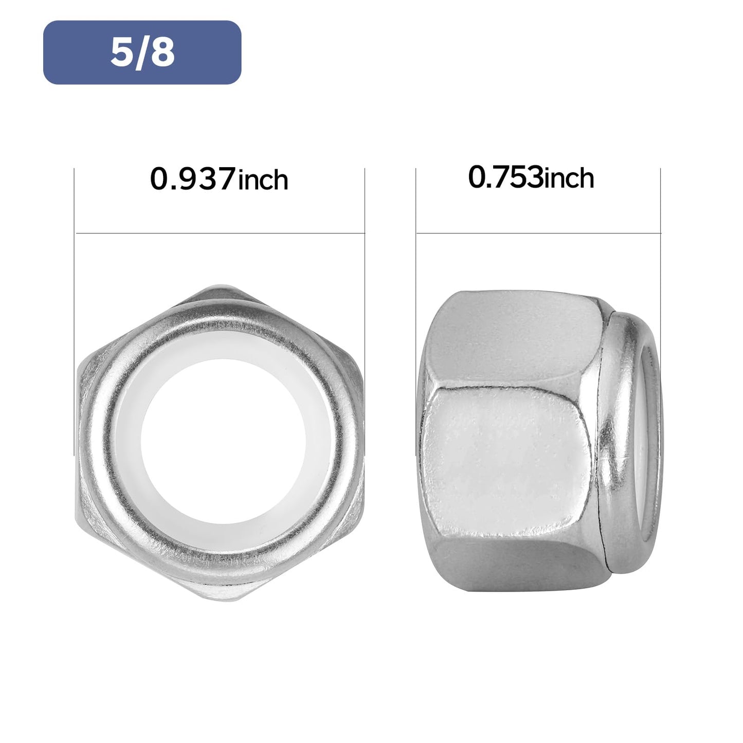 BNUOK 10Pcs 5/8-11 Lock Nuts, Nylon Insert Locknuts 304 Stainless Steel 18-8 SS Self-Locking Nuts, Coarse Thread Hex Nylock Nut