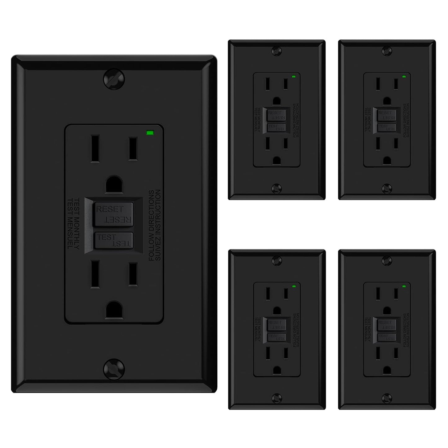 GFCI Outlet 15 Amp - Self-Test Electrical Receptacle with LED Indicator, 10 Pack