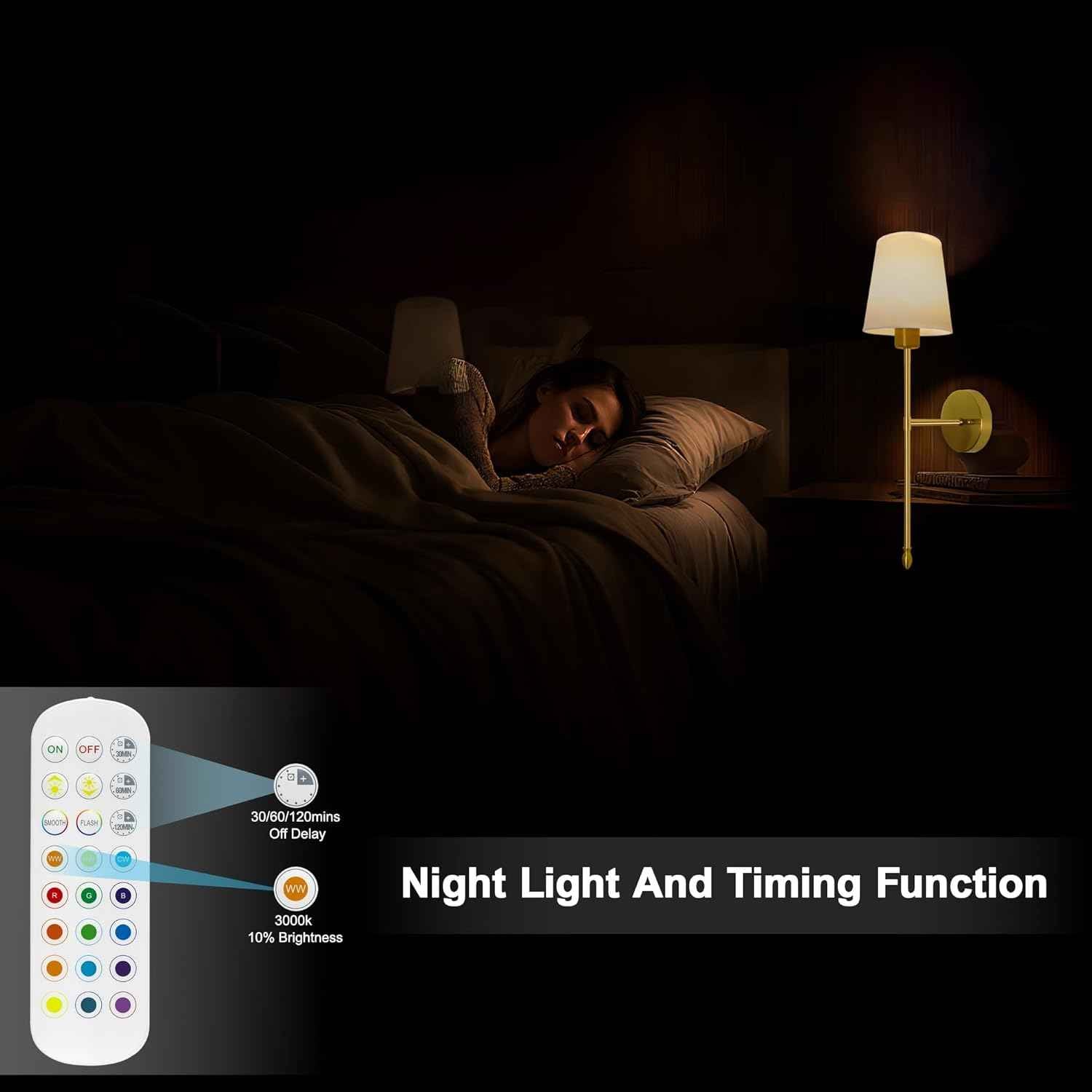 Rechargeable Gold Battery Operated Wall Sconces Set of 2 with Remote & RGB Bulbs