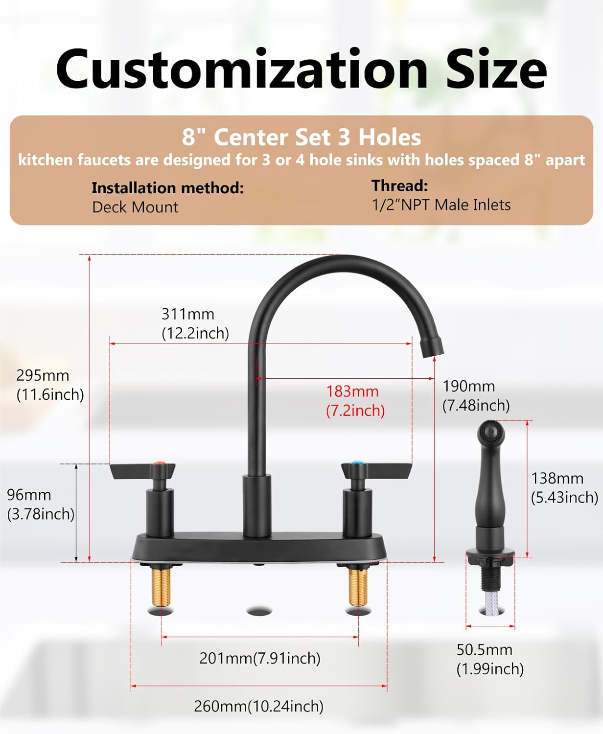 Brushed Nickel Kitchen Faucet with Sprayer - 2 Handle 8-Inch Centerset 3 Hole