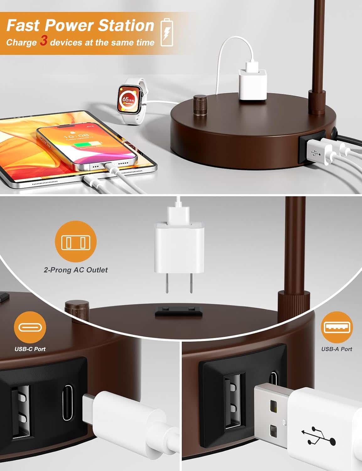 Dimmable Tall Table Lamp with USB Port & Outlet - Linen Shade Bedside Desk Lamp for Bedroom, Living Room, Home Office