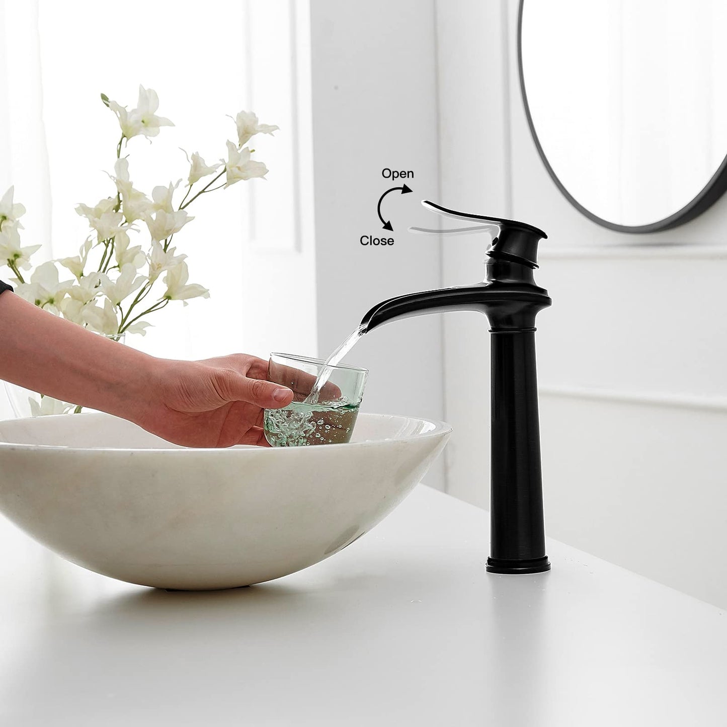 BWE Vessel Sink Faucet Waterfall Matte Black Bathroom Faucets Single Hole Single Handle Bathroom Sink Faucet Tall Vessel Faucet with Pop Up Drain and Water Supply Line