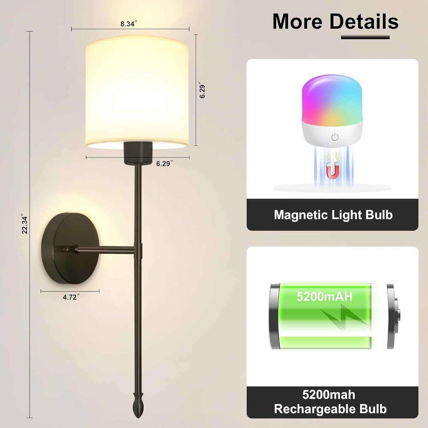 Rechargeable Gold Battery Operated Wall Sconces Set of 2 with Remote & RGB Bulbs