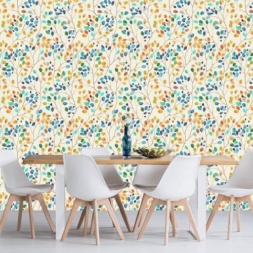 Boho Peel and Stick Floral Removable Wallpaper - Yellow/Blue Self Adhesive Wallpaper for Bedroom, Cabinet, Office - Waterproof 17.3'118'