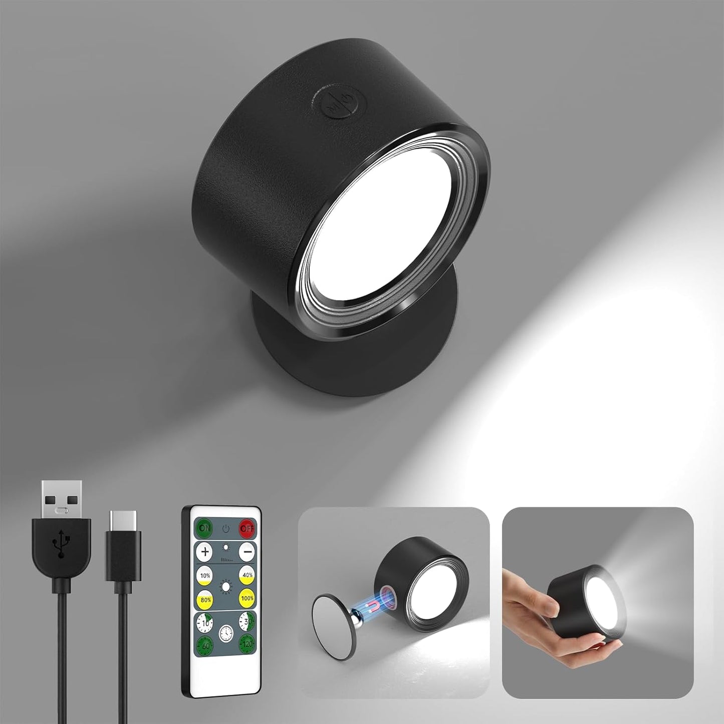 Rechargeable LED Wall Mounted Lights - 3 Pack with Remote, Dimmable & 360° Rotation for Bedroom