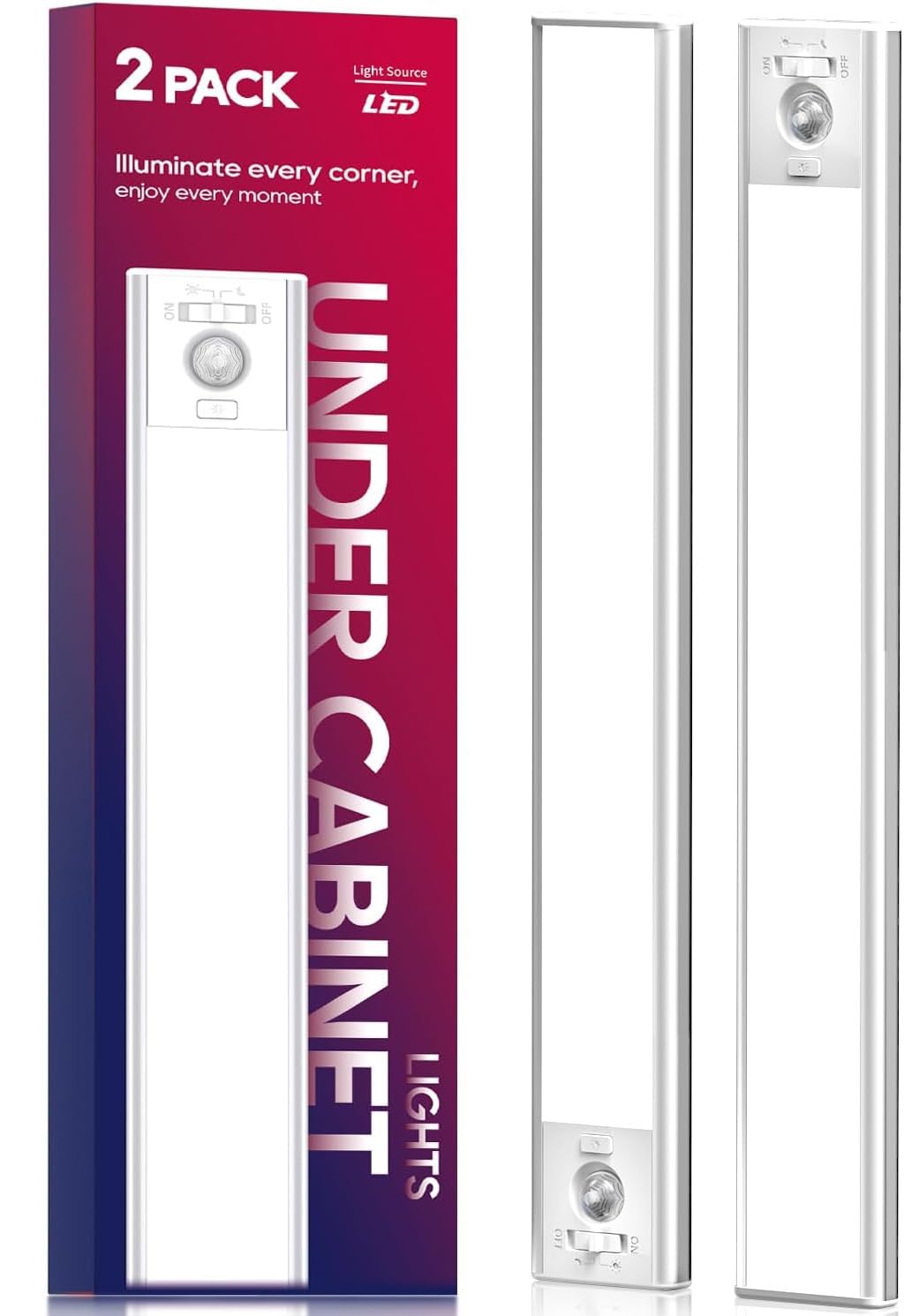 Under Cabinet Lighting, 3200mAh Rechargeable Motion Sensor Light Indoor, LED Battery Operated Cabinet Lights, Dimmable Closet Light, Wireless Under Counter Lights for Kitchen (2pack)