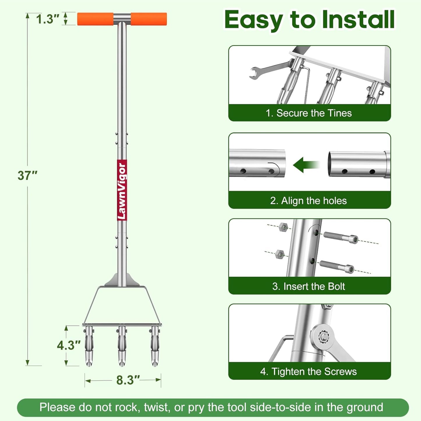 Manual Lawn Aerator Tool with 3 Hollow Tines - Semi-Assembled Grass Aeration for Compacted Soil - Orange