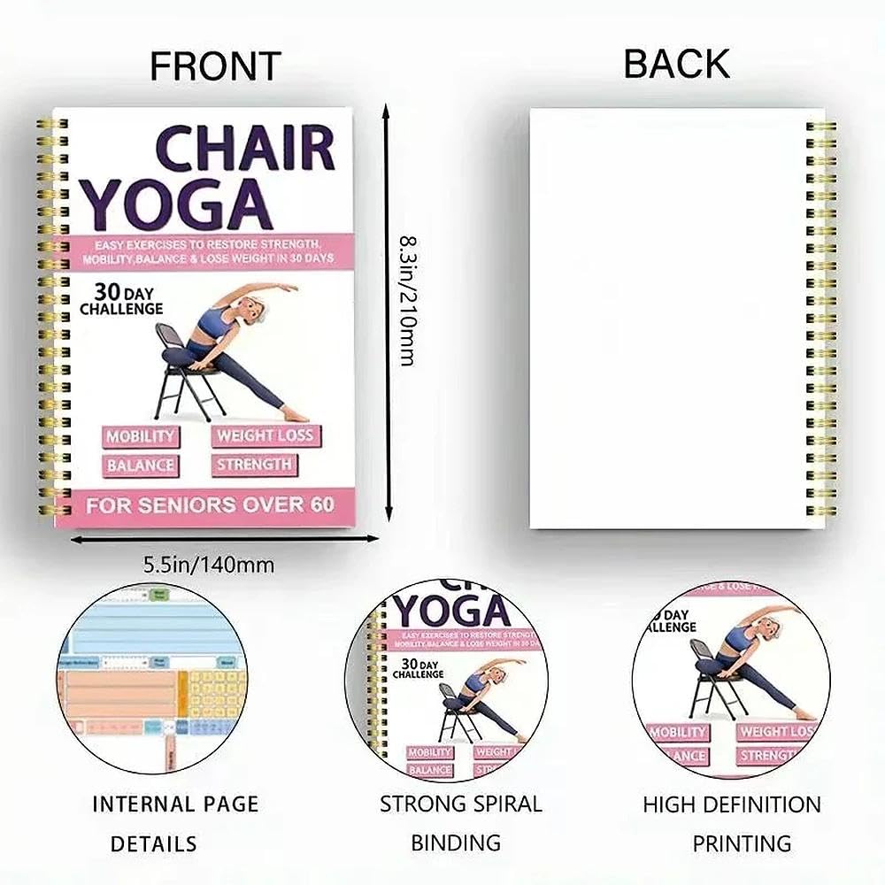 Chair Yoga Guide for Seniors and Beginners, A5 Spiral Exercise Planner with Illustrated Poses and Progress Tracking