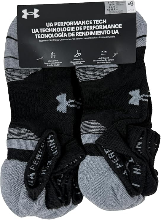 Under Armour Men's UA Performance Tech Cushioned No Show Socks - Large Black 6 Pack