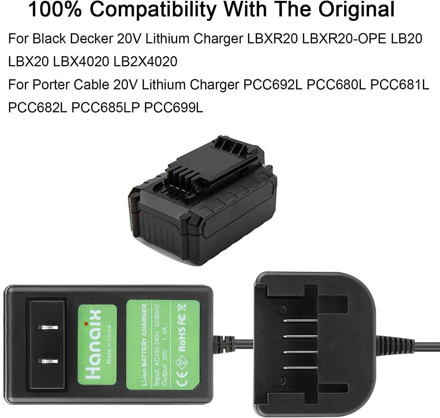 PCC691L Replacement for Porter Cable 20V Battery Charger PCC685L PCC680L PCC681L PCC682L PCC692L PCC699L, Also Fit for Black and Decker LCS1620 20V Li-ion Battery LB20 LBXR20 LBX20 LBX4020