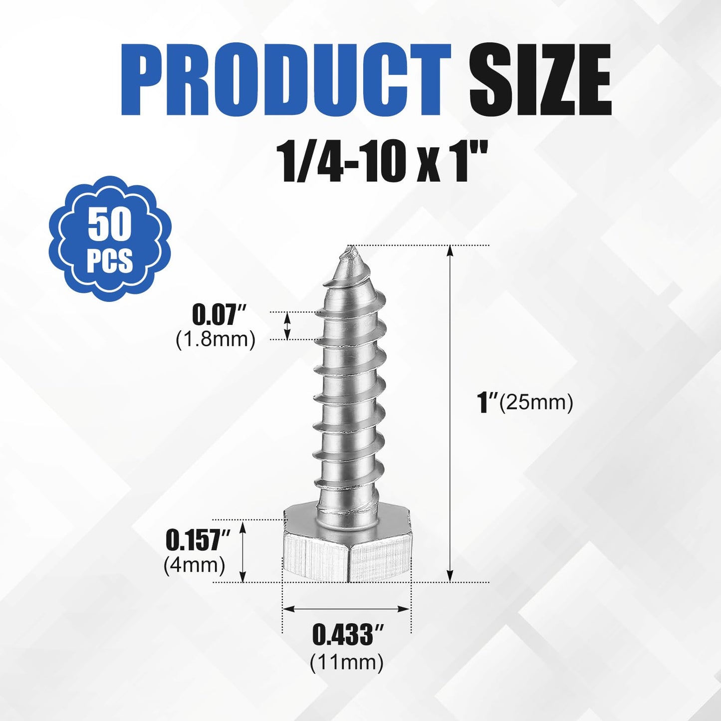 Zonon 50 Pcs 1/4" x 1" Hex Head Lag Screws 304 Stainless Steel Lag Bolts Heavy Duty Hexagon Head Wood Screws