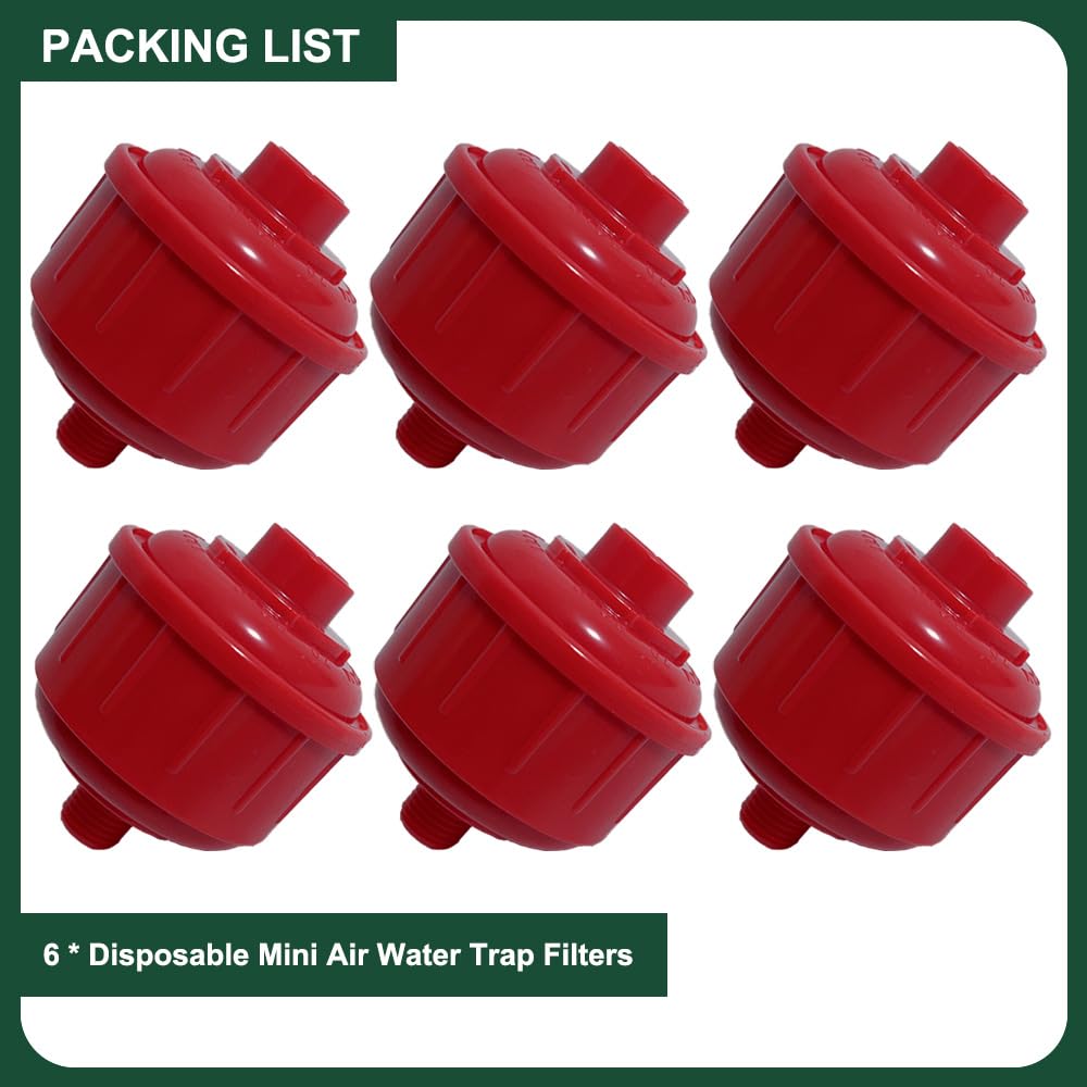6PCS Disposable Mini Air Water Filters for Spray Guns - 1/4 Inch Threads, ABS Material, Moisture Trap for Automotive Painting & Air Tools (Red)
