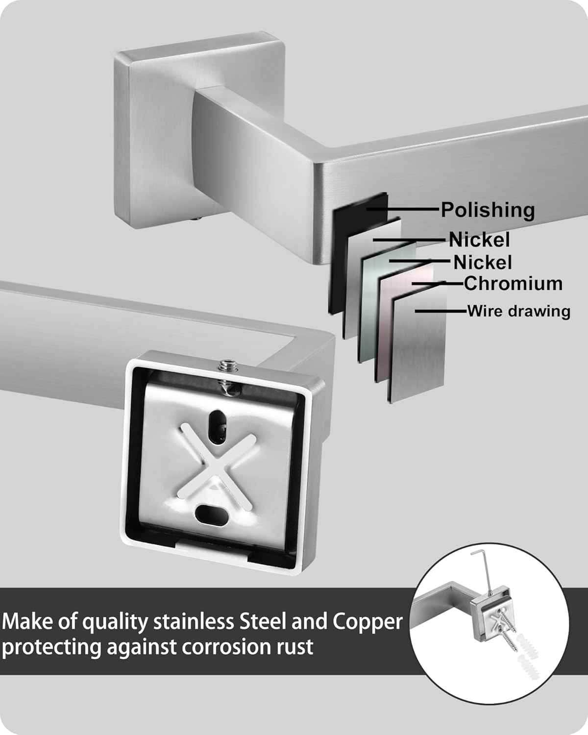 Brushed Nickel Bathroom Hardware Set - 10-Piece Towel Bar, Ring, Hook & Holder Kit