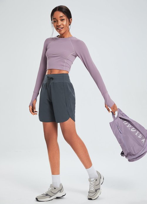 baleaf Women's 7" Athletic Long Running Shorts Workout Gym Quick Dry Hiking Shorts High Waisted Zipper Pocket Dark Gray L