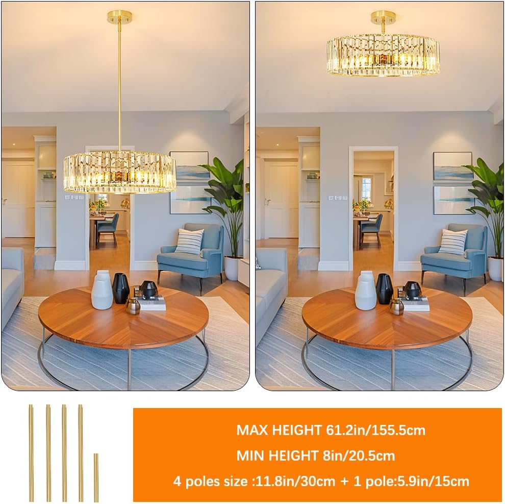 Modern Gold Crystal Ceiling Light Fixture - 11-Inch Semi Flush Mount Chandelier for Kitchen & Entryway