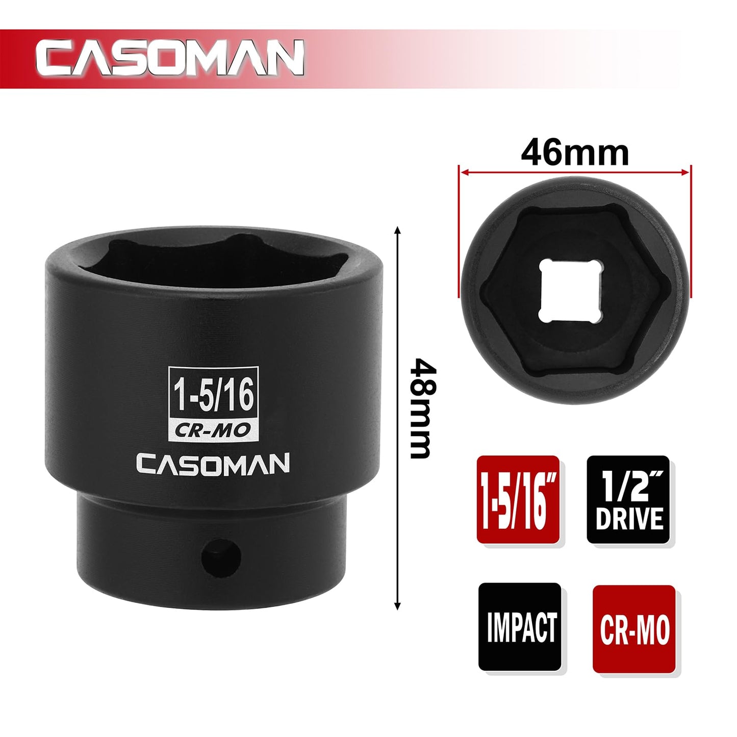 CASOMAN 1/2" Drive x 1-5/16" Impact Socket, 6-Point, SAE, CR-MO