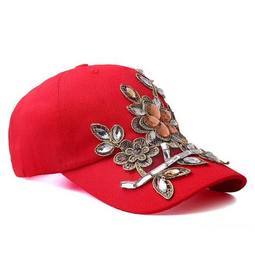 Gudessly Bling Women Baseball Cap Flower Snapback Rhinestone Sun Hats Adjustable Denim Jeans Hat (CQ-Bright red)