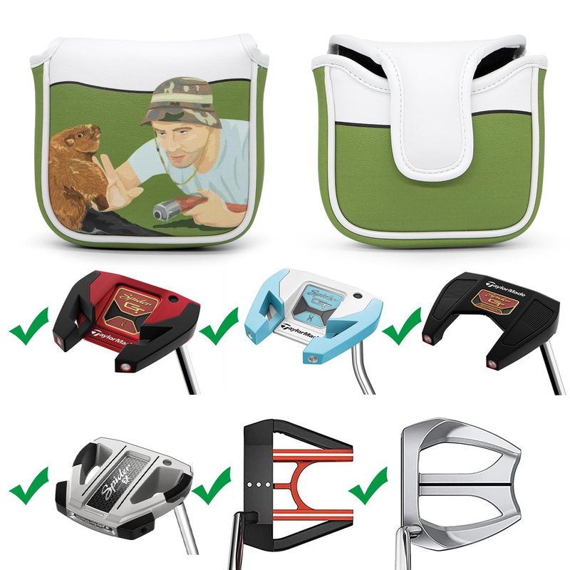 Golf Square Heel Shaft Mallet Putter Cover Headcover, Funny Design Magnetic Closure Elegant Embroidery Premium Leather Putter Headcovers (White Gopher)