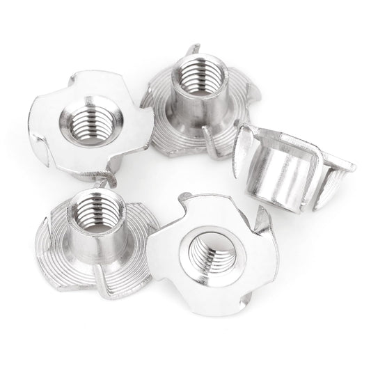 3/8"-16 T-Nuts (20 Pack), 304 (18-8) Stainless Steel, 7/16" Barrel Length, 4-Pronged Tee Nut for Wood, Rock Climbing Holds, Cabinetry