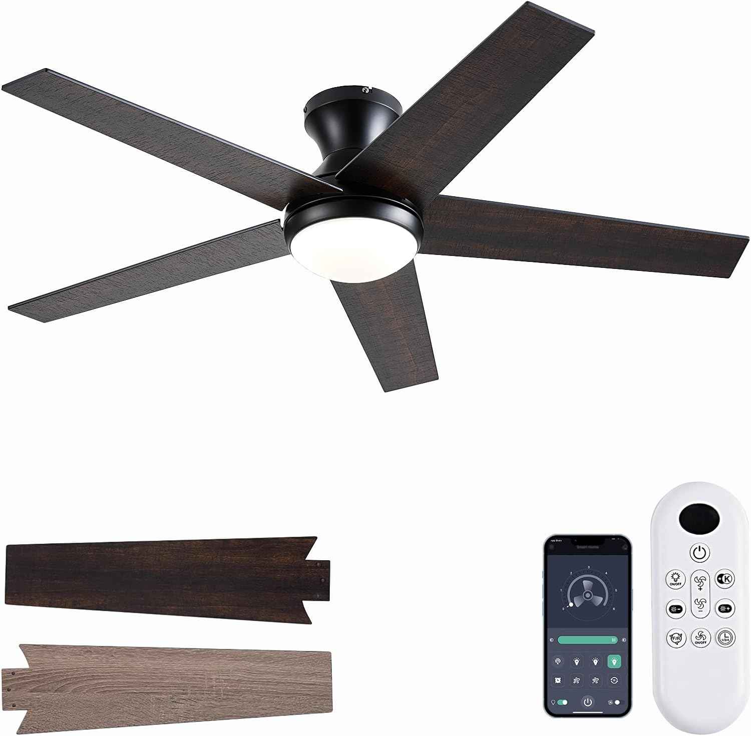 48-Inch Low Profile Ceiling Fan with Lights & Remote Control - Dimmable, Noiseless, Reversible Motor for Bedroom & Indoor/Outdoor Use