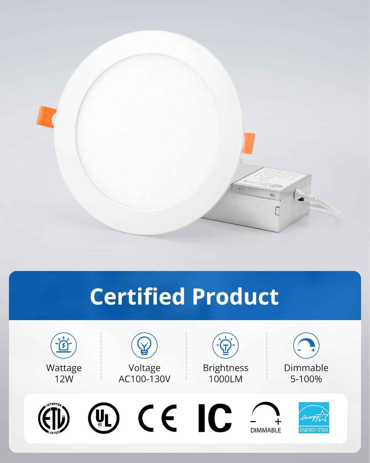 10W Dimmable 5-Inch LED Recessed Ceiling Light - Ultra Thin Canless Downlight, 800LM, 7CCT, Damp-Rated for Kitchen & Bathroom, 8 Pack