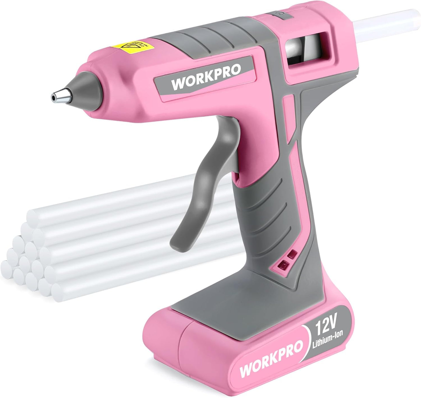 WORKPRO 12V Cordless Hot Melt Glue Gun Kit with 15 Glue Sticks - Fast Preheating, Auto Power-Off for DIY Crafts - Pink Ribbon