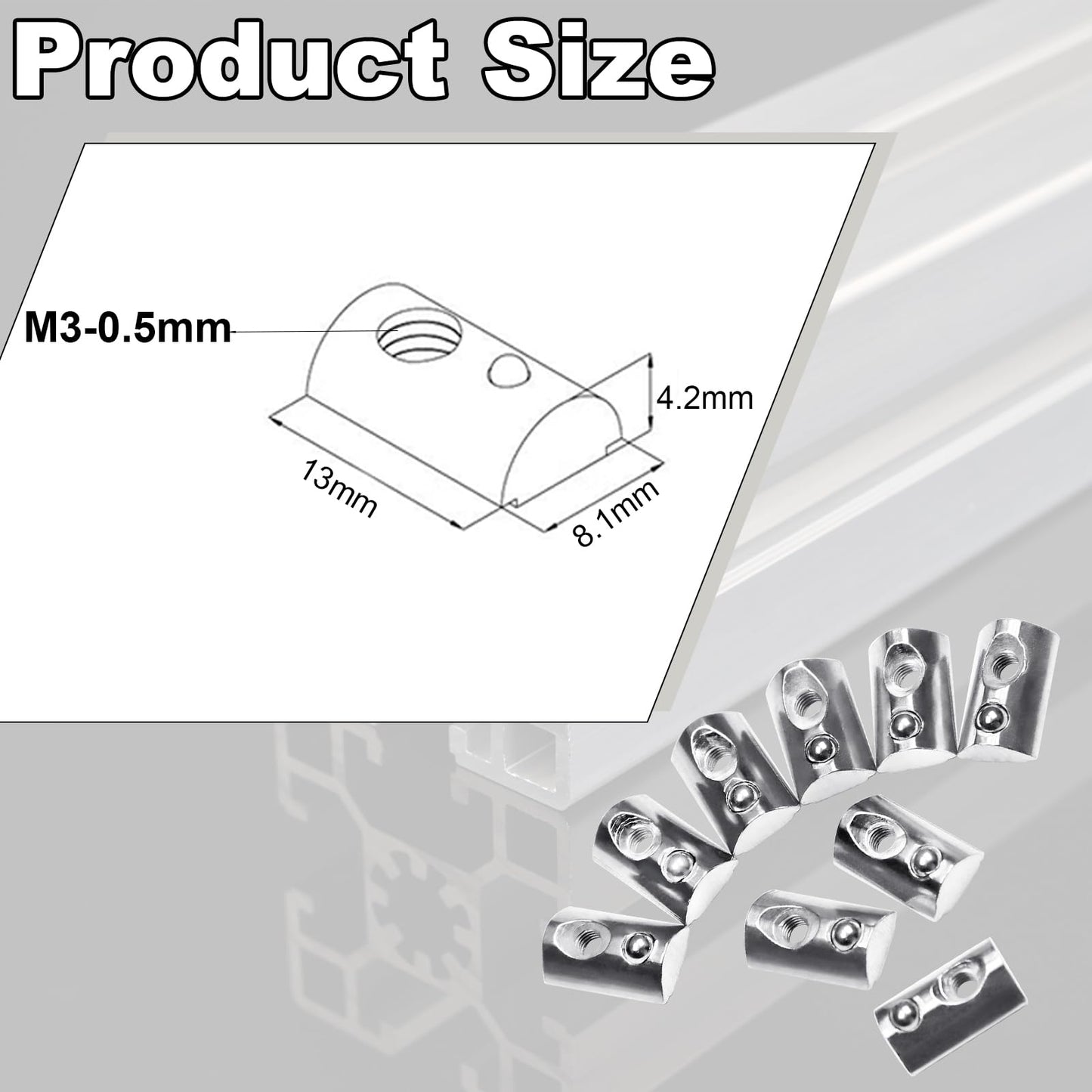 M3 Roll in Spring Loaded T Nut 100pcs M3x0.5mm T-Nuts Carbon Steel Nickel Plated for 20x20 20 Series Aluminum Extrusions 3D Printer Replacement Tiny Nuts