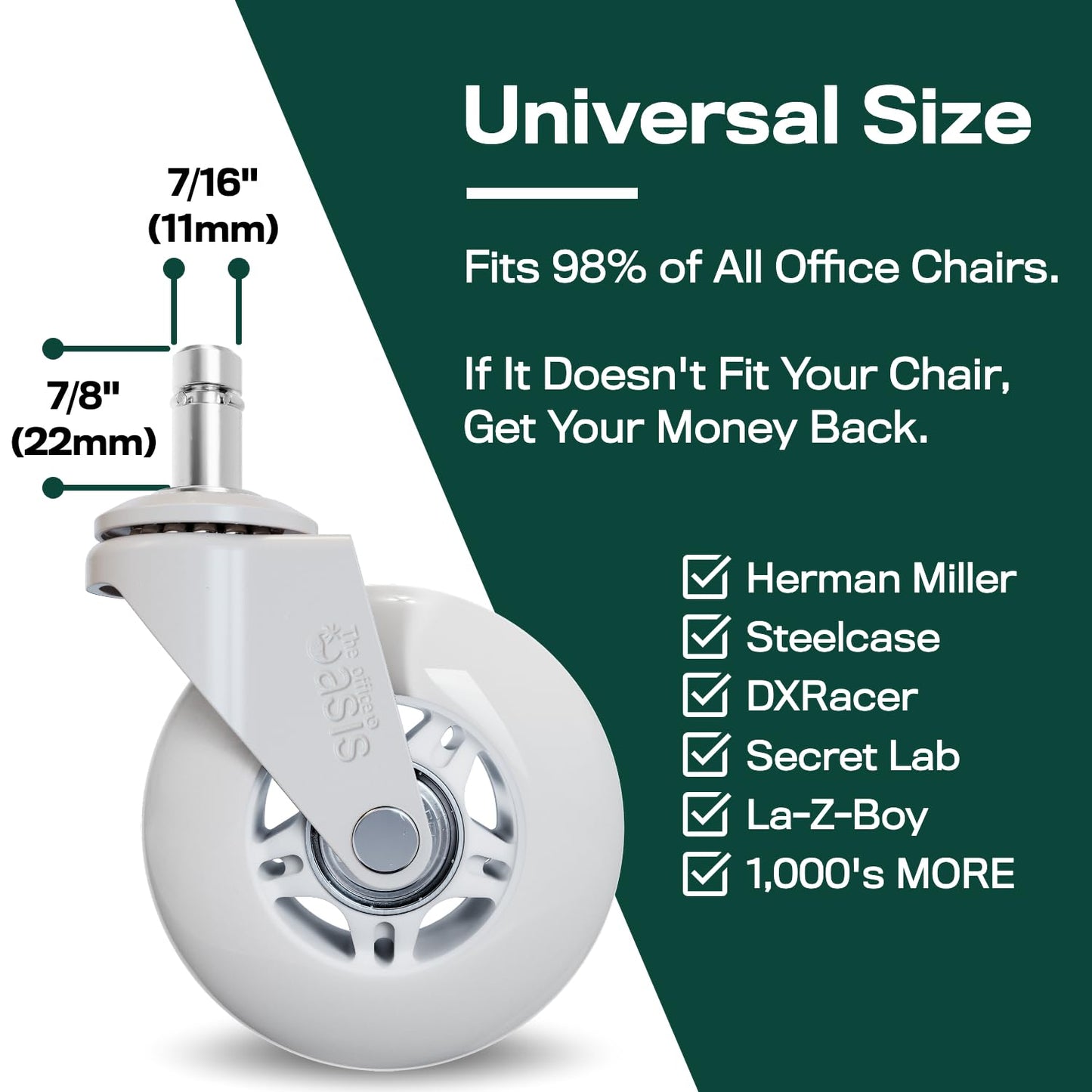 Original Rollerblade Office Chair Wheels - Smooth, Quiet Casters for Hardwood & Carpet - Easy Universal Fit - Set of 5