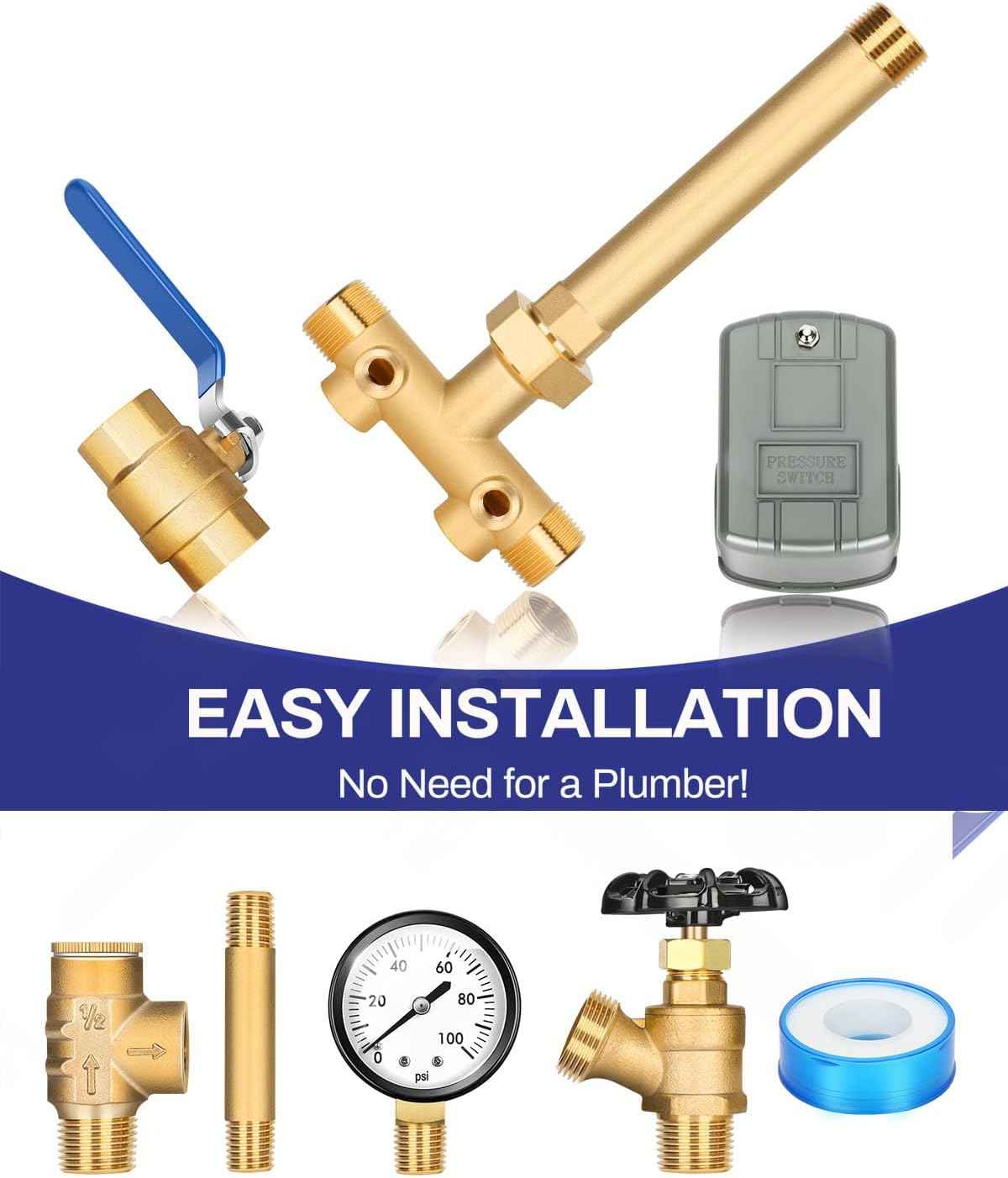Well Pressure Tank Tee Kit with Union & 40-60 PSI Switch - Upgraded 1” x 11” for Tanks Up to 16” Diameter