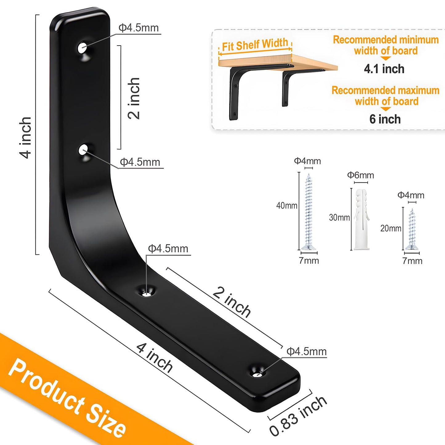 AISINYI Metal Shelf Brackets, 4 x 4 Inch Heavy Duty L Hanging Angle Brackets, Iron Wall Bracket for Countertop Support, Corner Brace Joint, Black, 4 PCS