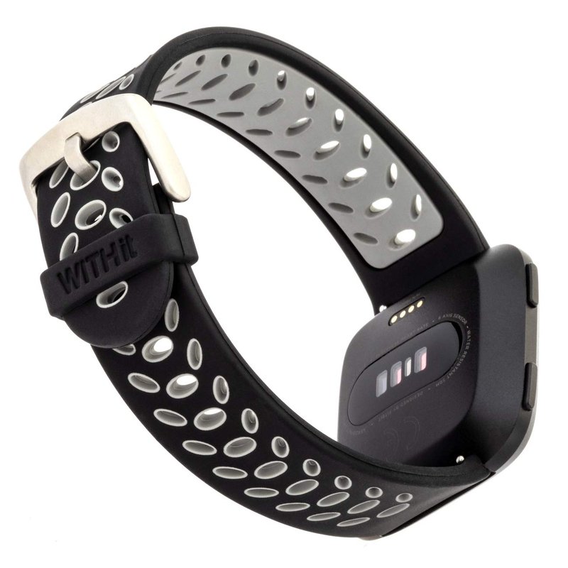 WITHit Designer Silicone Replacement Band for Fitbit Versa/Versa 2, Black/Gray Sport - Secure, Adjustable Stainless Steel Buckle Closure, Fitbit Watch Band Replacement, Fits Most Wrists