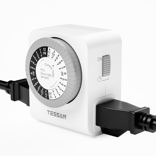 TESSAN Outlet Timer, Mechanical 24-Hour Light Timers for Electrical Outlets Indoor, Dual 3-Prong Sockets 30-Minute Intervals, for Lamps, Christmas Lights, Fans (1 Pack)