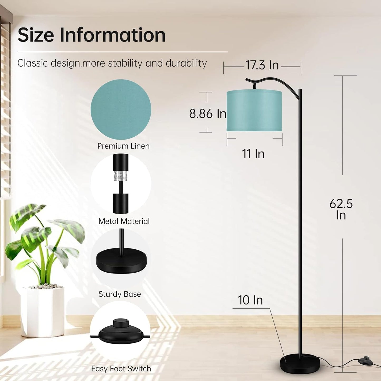Modern LED Floor Lamp with Bohemian Linen Shade – Arched Tall Standing Light for Living Room & Bedroom