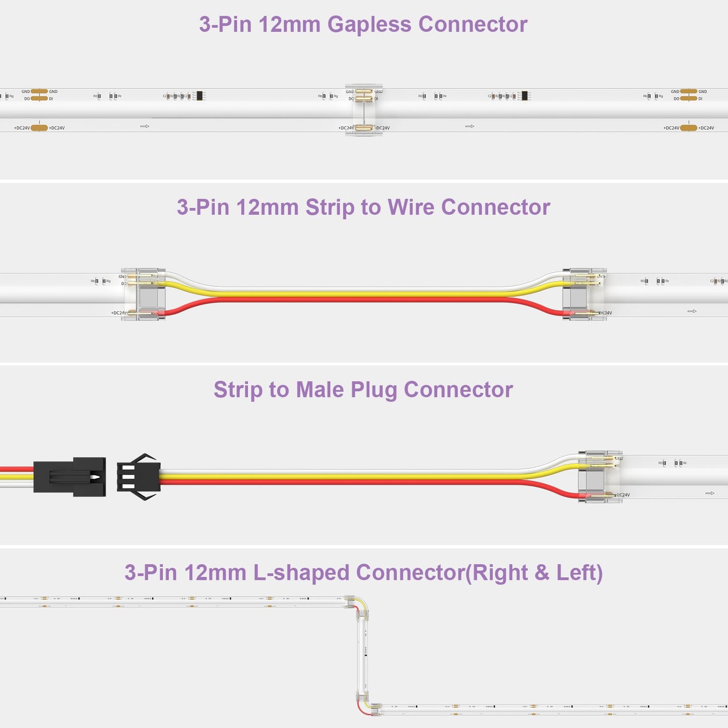 MIWISE 12mm Connectors Kit for 3-Pin RGB Smart IC COB LED Strip Lights,L-Shaped/Gapless/Strip to Wire Connectors,Dual-End Extenders with 22AWG Wires,Solderless Extension Connectors,24V/12V/5V/9V