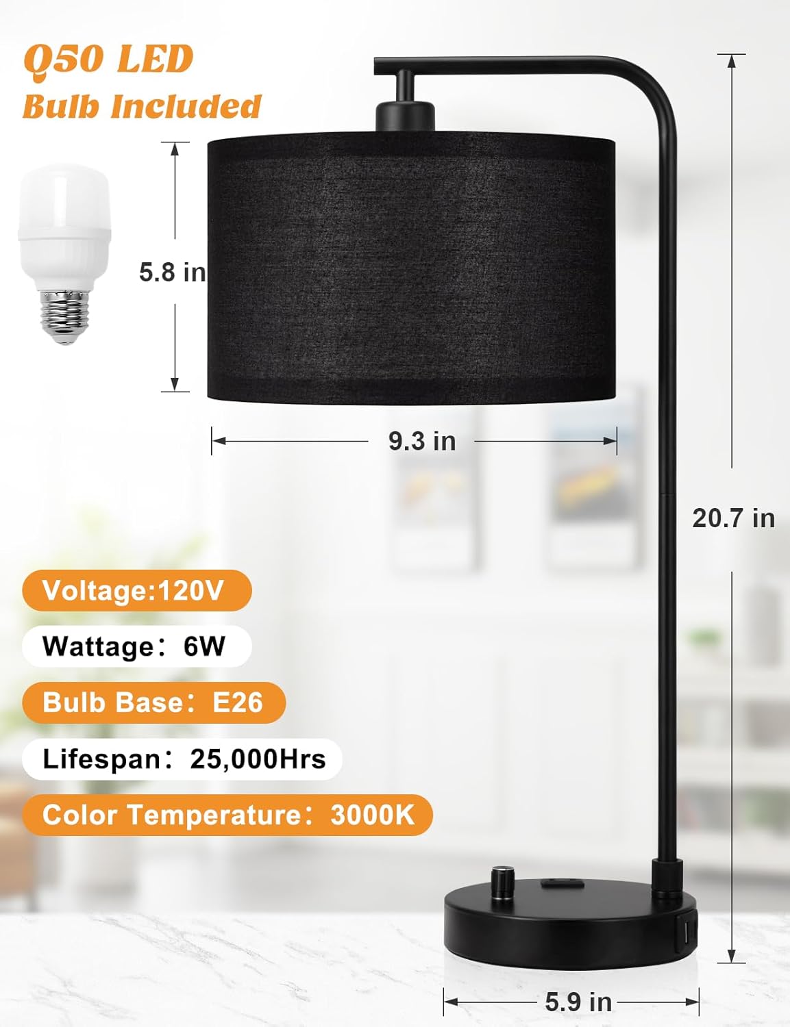 Dimmable Tall Table Lamp with USB Port & Outlet - Linen Shade Bedside Desk Lamp for Bedroom, Living Room, Home Office