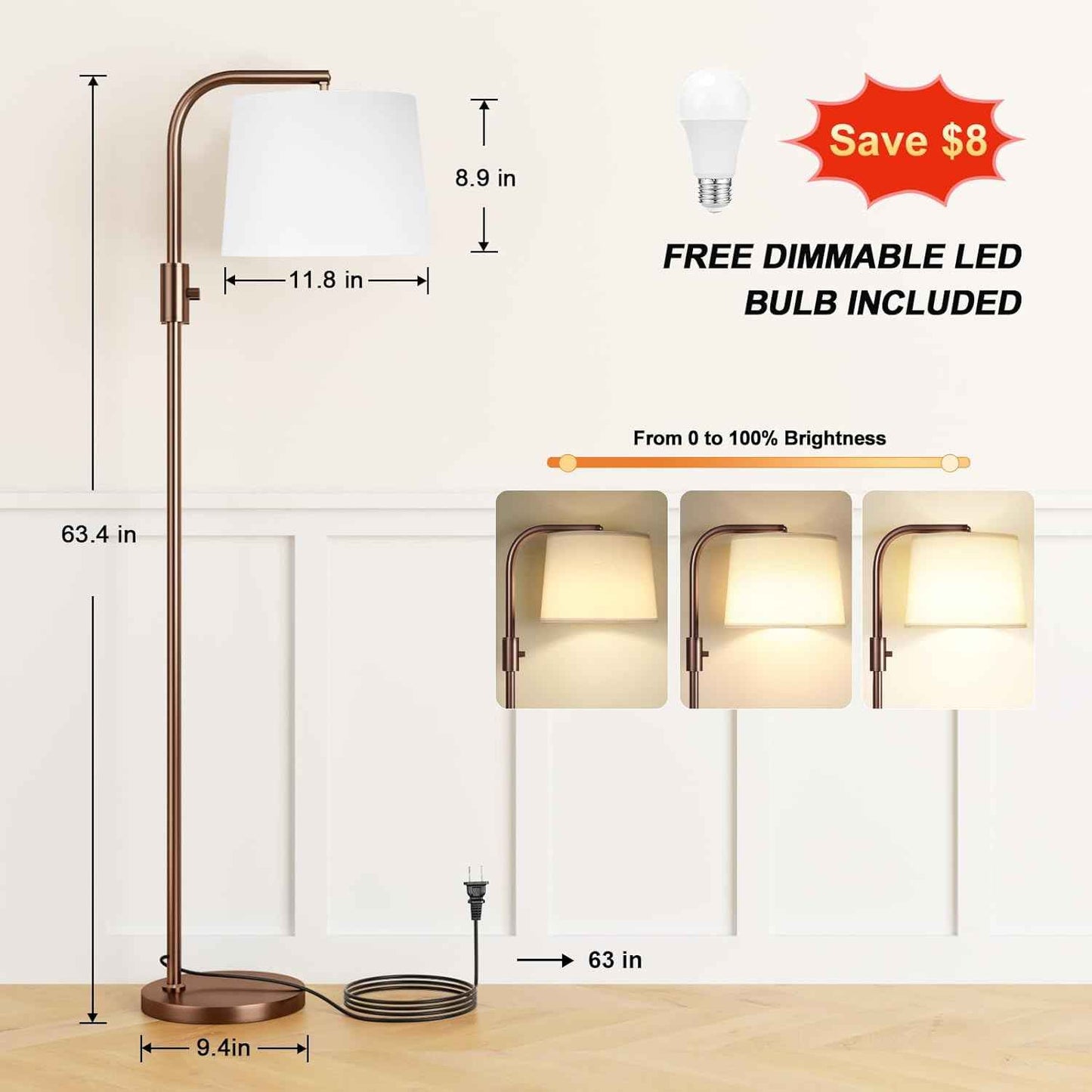 Modern Dimmable Floor Lamp with 9W LED Bulbs - Stylish Standing Light for Living Room & Bedroom (Gold & White)